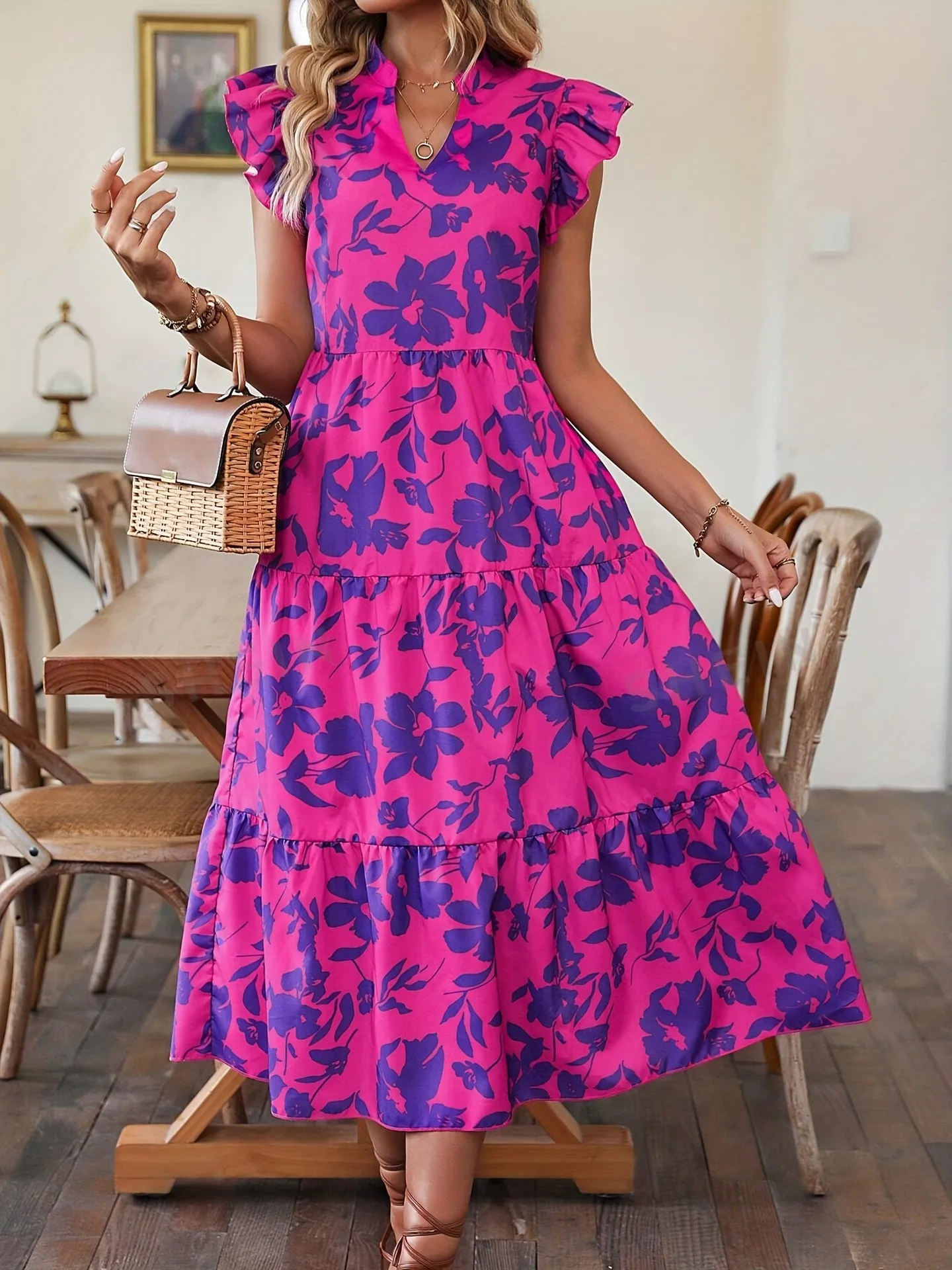 Ruffled Floral Print Dress - Purple sold by Viva Estel