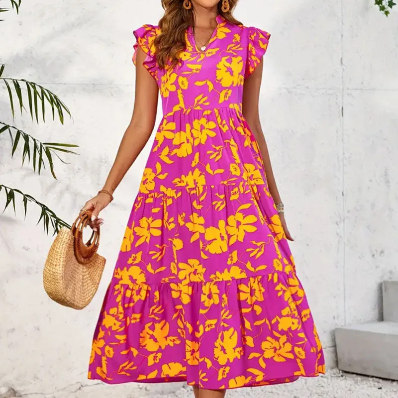 Ruffled Floral Print Dress - Yellow sold by Viva Estel