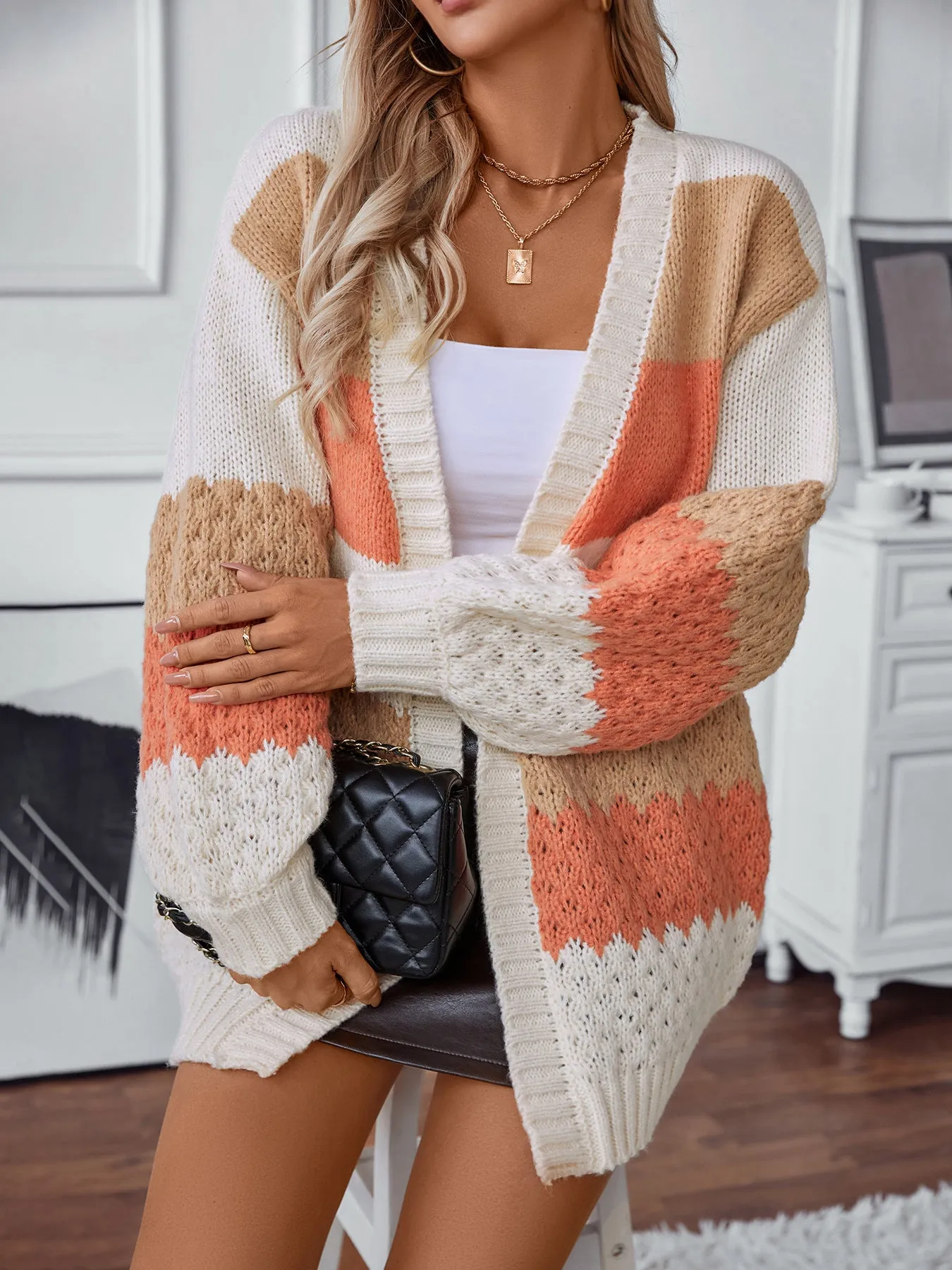 Contrast Color Casual Loose Cardigan Sweater - Orange sold by Viva Estel product image thumbnail 3