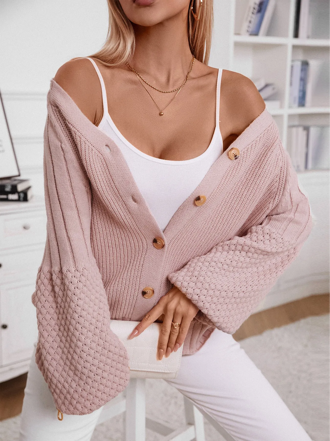 Buttoned Knitted Casual Cardigan - Pink sold by Viva Estel