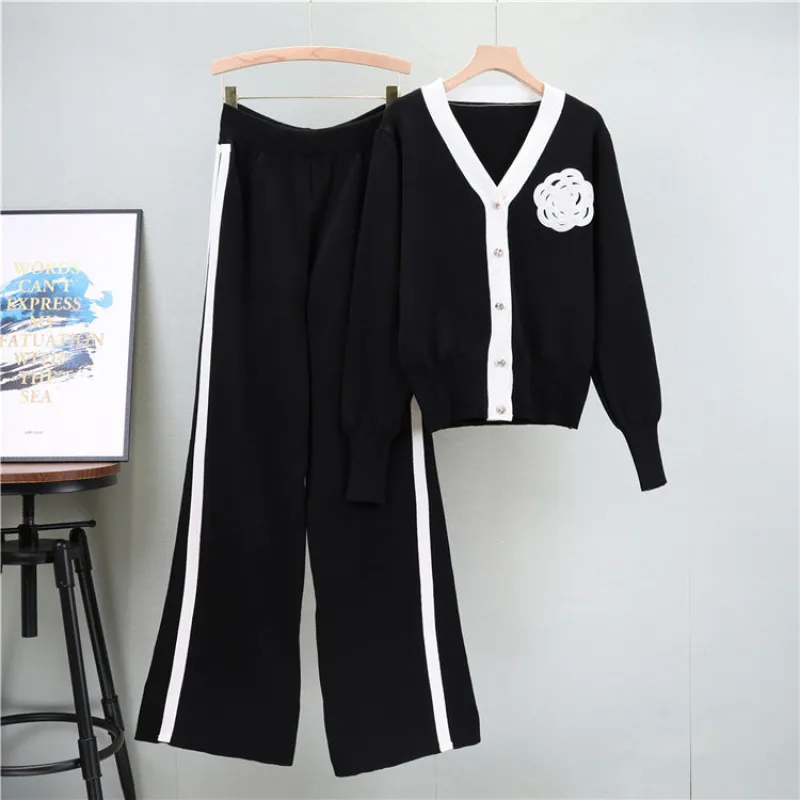 Black - Loose V-Neck Cardigan Two Piece Set sold by Viva Estel