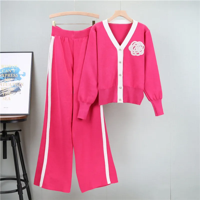 Rose Red - Loose V-Neck Cardigan Two Piece Set sold by Viva Estel