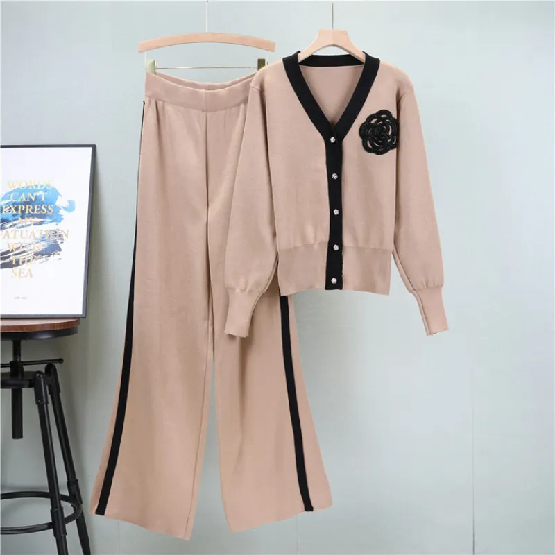 Khaki - Loose V-Neck Cardigan Two Piece Set sold by Viva Estel