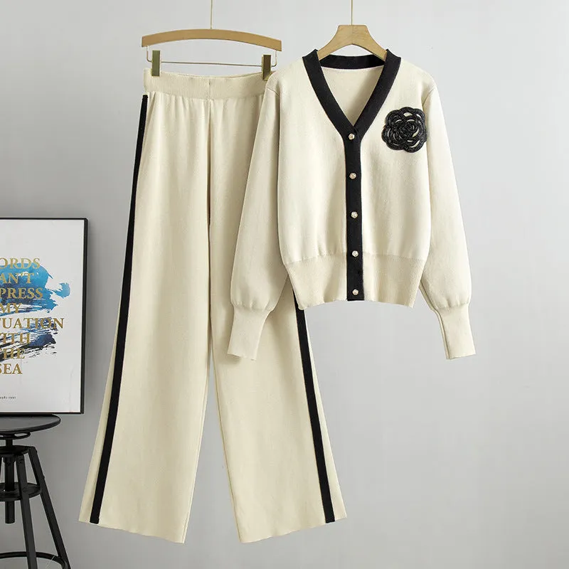 Apricot - Loose V-Neck Cardigan Two Piece Set sold by Viva Estel