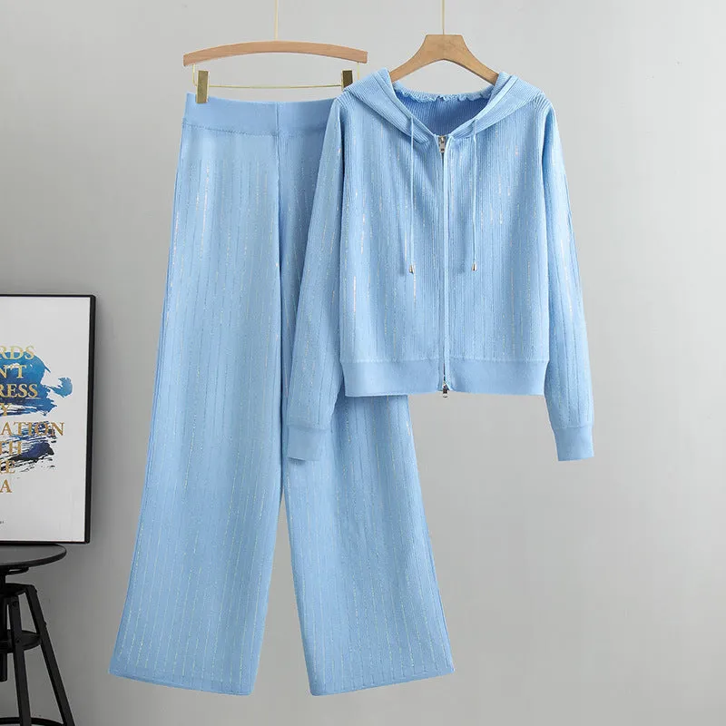 Blue - Loose Rhinestone Cardigan Two Piece Set sold by Viva Estel