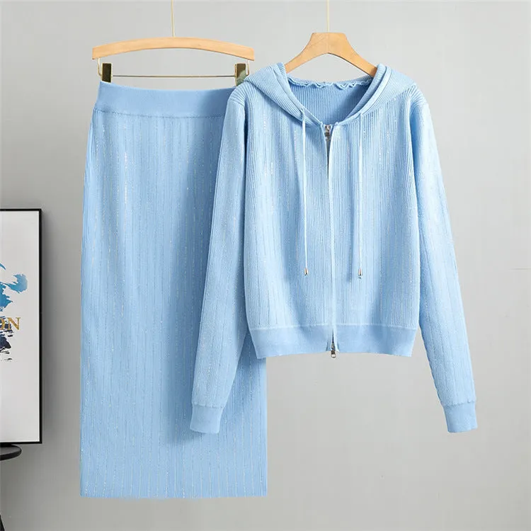 Blue - Knitted Cardigan & Sweater Two Piece Set sold by Viva Estel