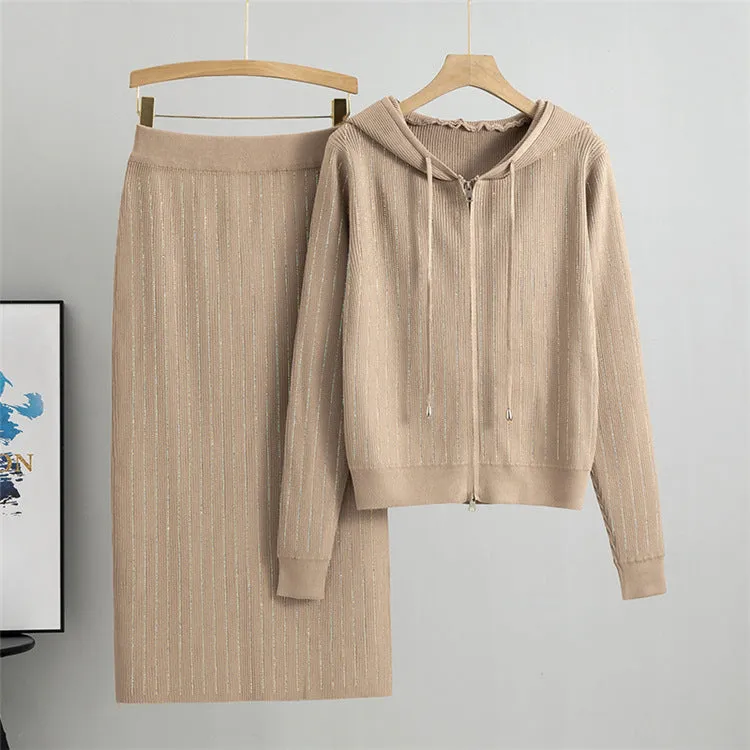 Khaki - Knitted Cardigan & Sweater Two Piece Set sold by Viva Estel