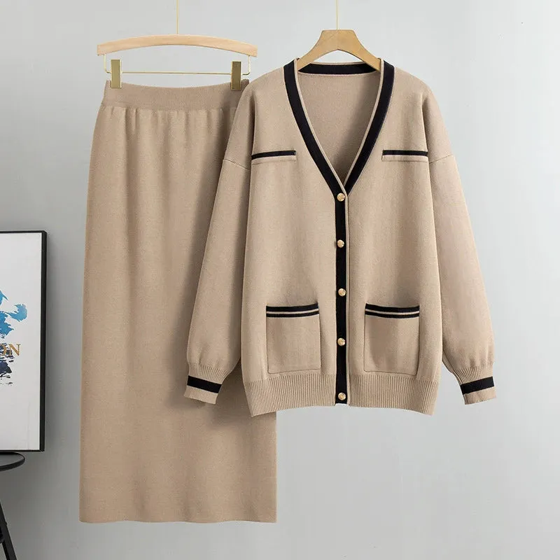 Khaki - Loose Sweater & Midi Skirt Two Piece Set sold by Viva Estel