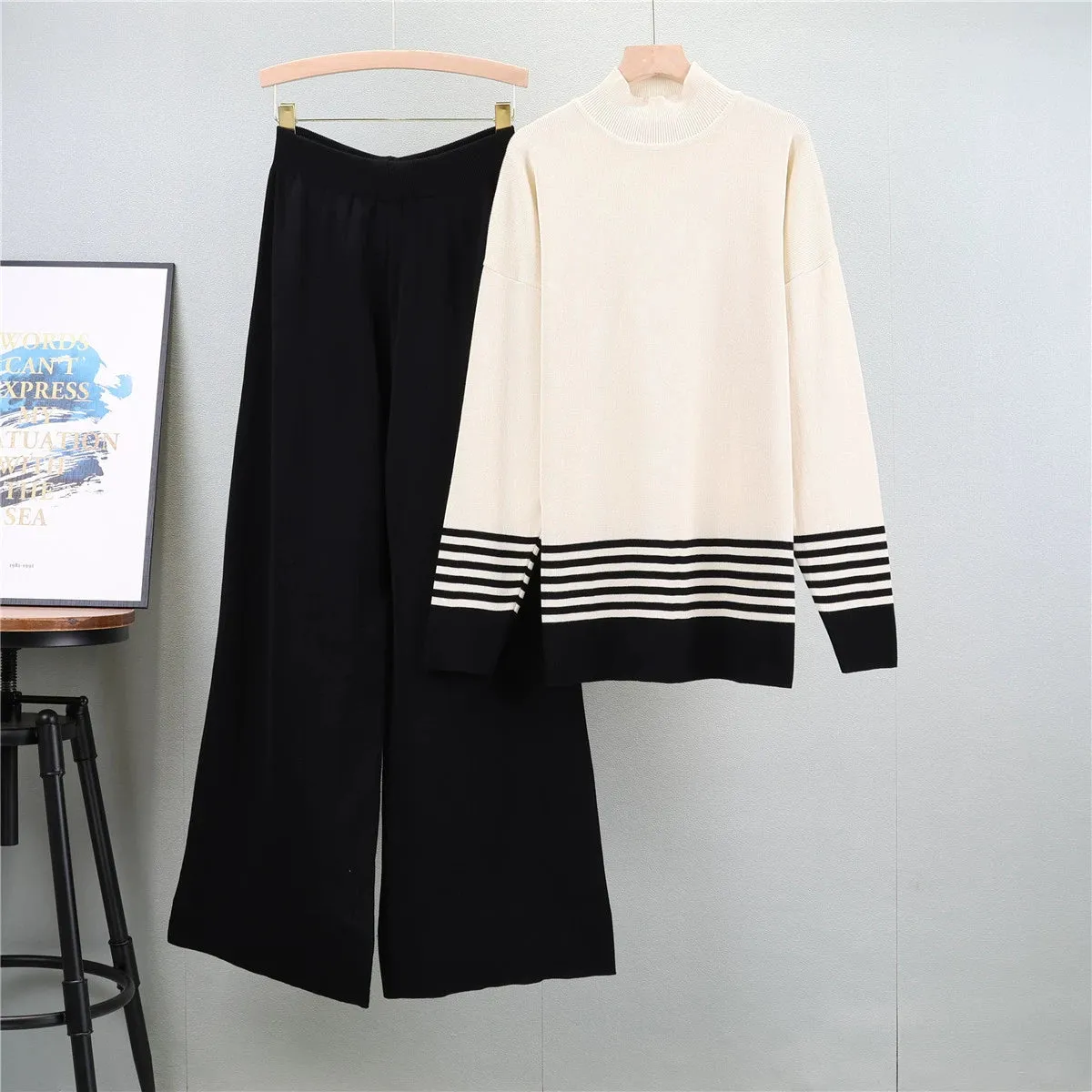 Black - Striped Half-Turtleneck Sweater Two Piece Set sold by Viva Estel product image thumbnail 2