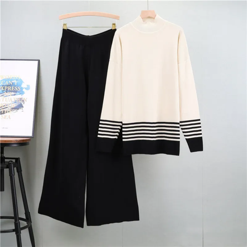 Black - Striped Half-Turtleneck Sweater Two Piece Set sold by Viva Estel