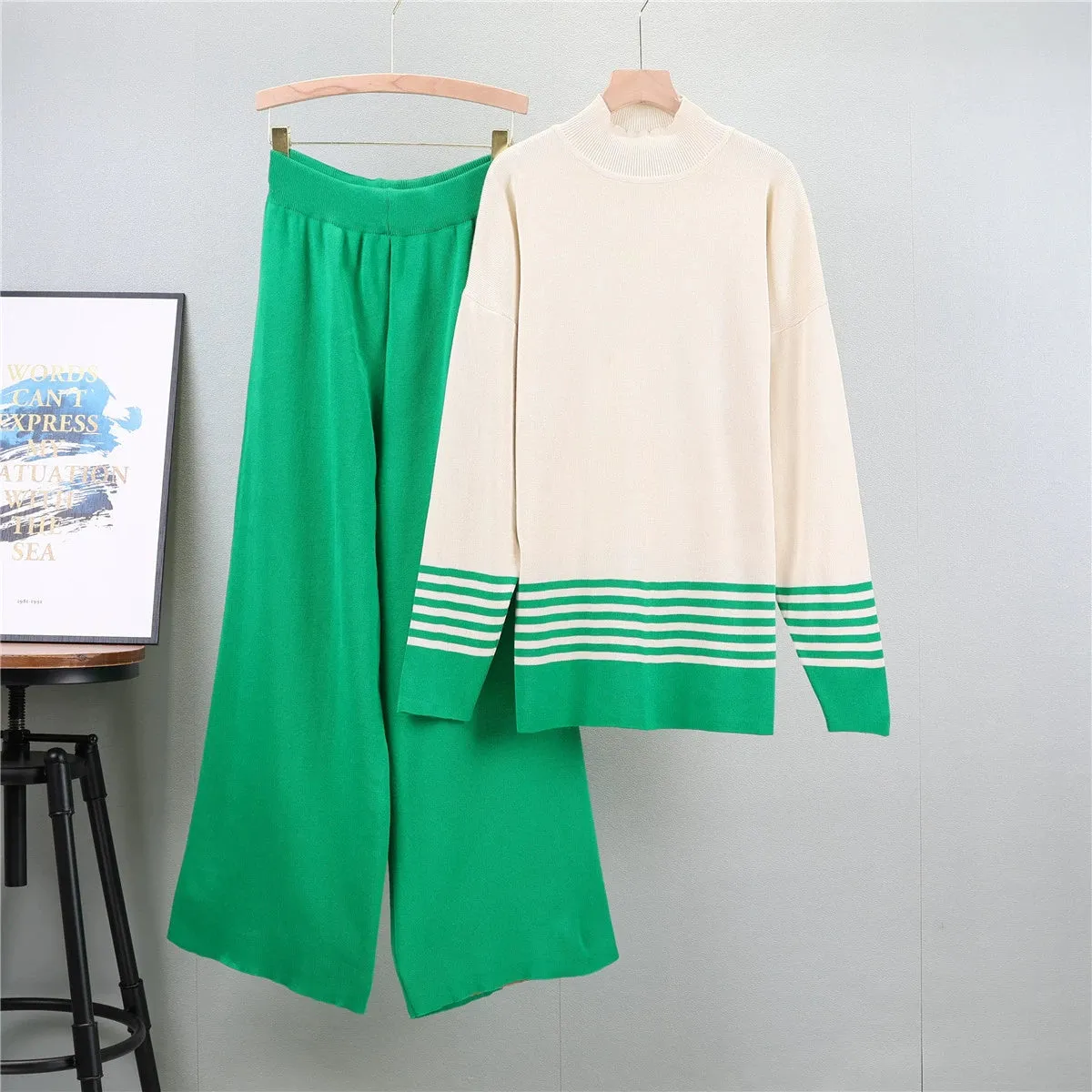 Green - Striped Half-Turtleneck Sweater Two Piece Set sold by Viva Estel