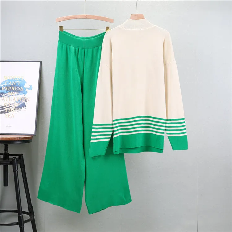 Green - Striped Half-Turtleneck Sweater Two Piece Set sold by Viva Estel product image thumbnail 2
