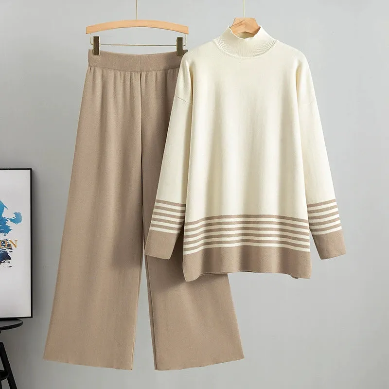 Khaki - Striped Half-Turtleneck Sweater Two Piece Set sold by Viva Estel product image thumbnail 2