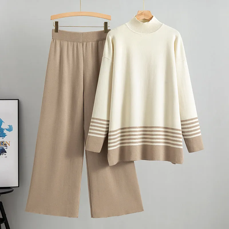 Khaki - Striped Half-Turtleneck Sweater Two Piece Set sold by Viva Estel
