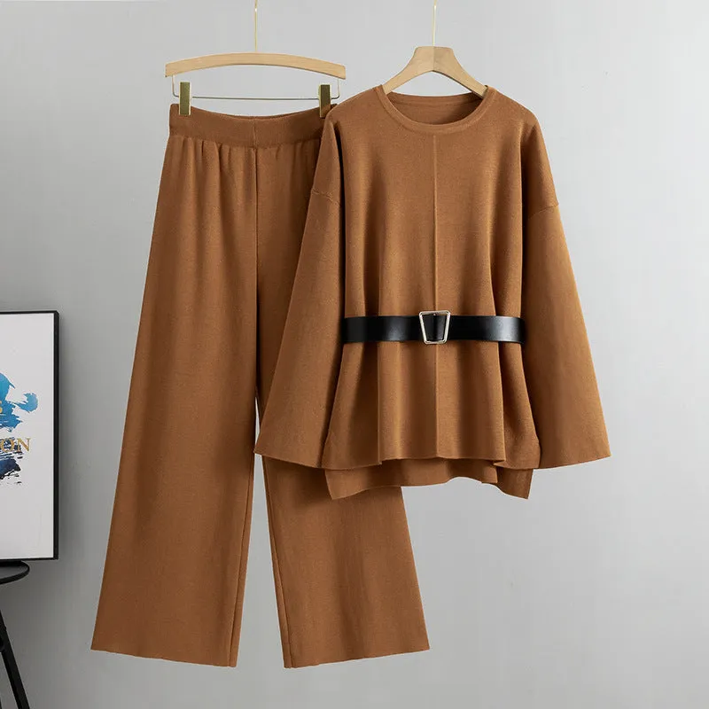 Coffee - Knitted Wide-Leg Pants & Sweater Two Piece Set sold by Viva Estel