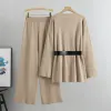 Khaki - Knitted Wide-Leg Pants & Sweater Two Piece Set sold by Viva Estel