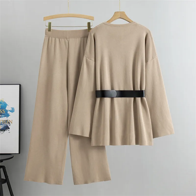 Khaki - Knitted Wide-Leg Pants & Sweater Two Piece Set sold by Viva Estel