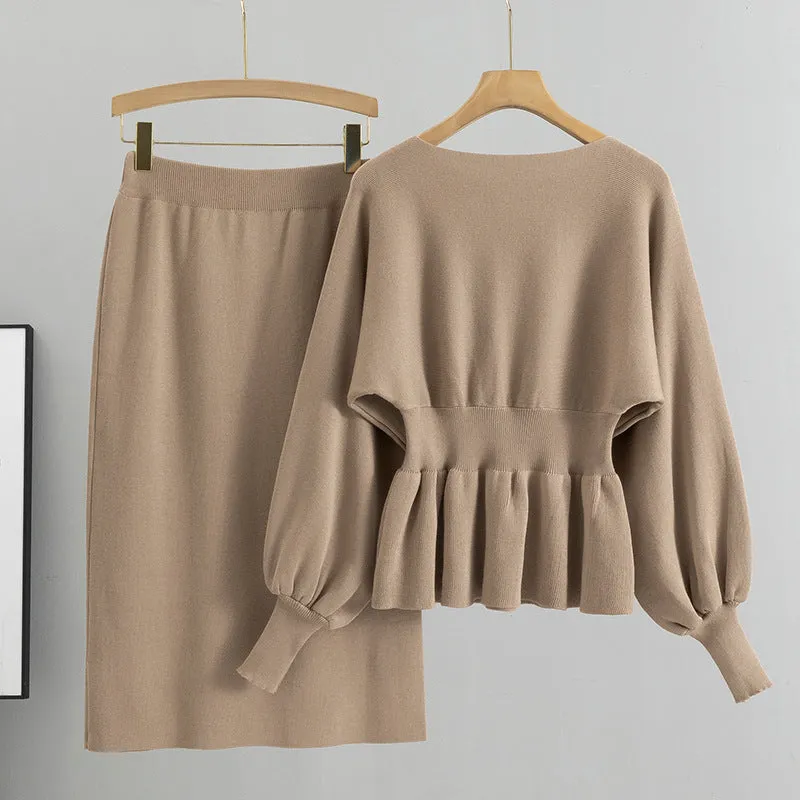 Khaki - Long-Sleeve Bodycon Skirt Two Piece Set sold by Viva Estel