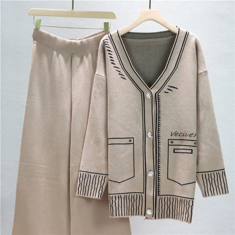 Khaki Mid-Length Knitted Wide-Leg Two Piece Set sold by Viva Estel