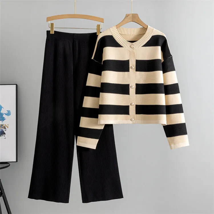 Black - Loose Striped Sweater Two Piece Set sold by Viva Estel
