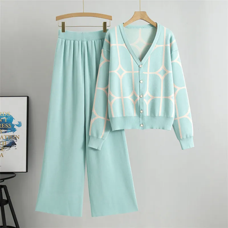 Green - Knit Wide-Leg Pants & Sweater Two Piece Set sold by Viva Estel