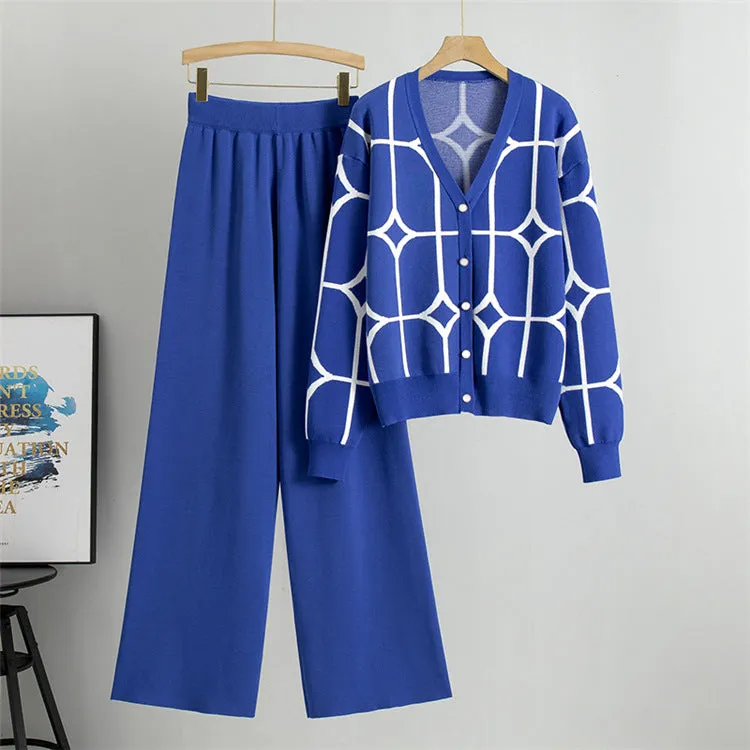 Blue - Knit Wide-Leg Pants & Sweater Two Piece Set sold by Viva Estel