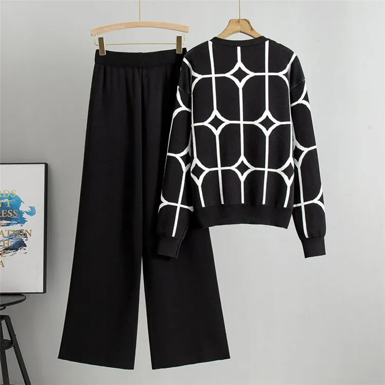 Black - Knit Wide-Leg Pants & Sweater Two Piece Set sold by Viva Estel