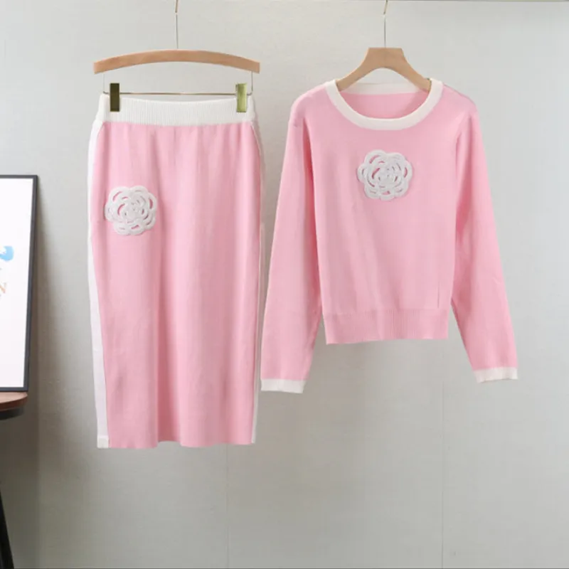 Pink - Elegant Round Neck Contrast Two Piece Set sold by Viva Estel
