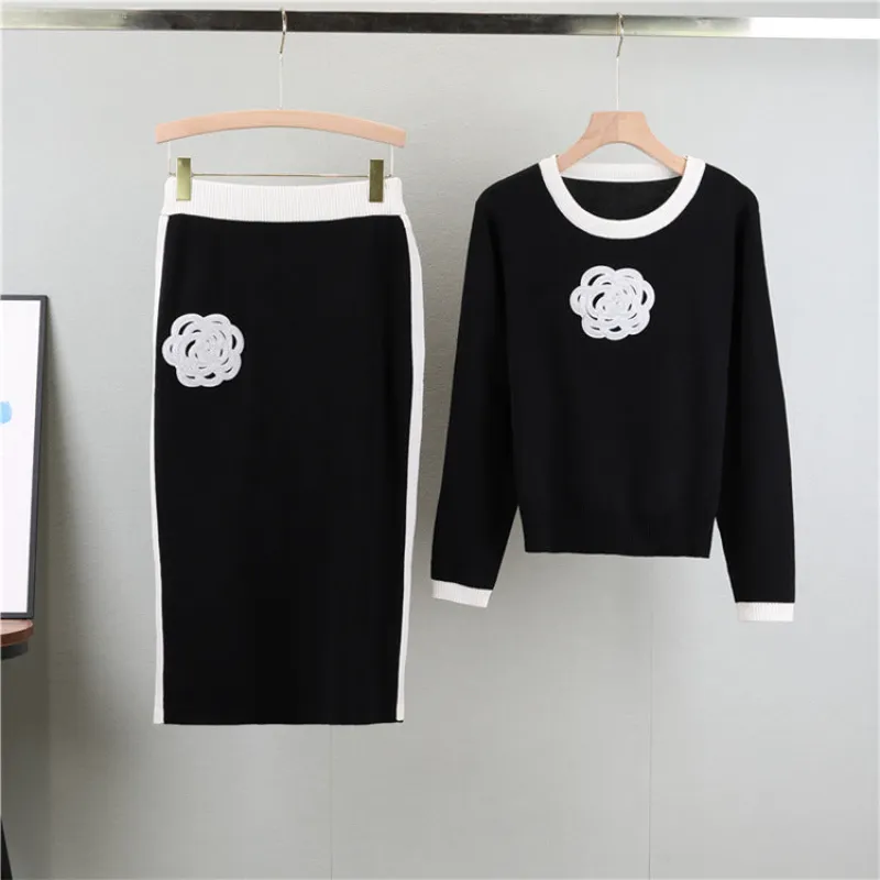 Black - Elegant Round Neck Contrast Two Piece Set sold by Viva Estel