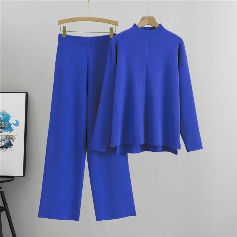 Blue - Asymmetrical Knit Top Two Piece Set sold by Viva Estel