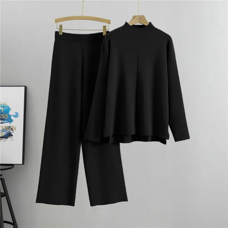 Black - Asymmetrical Knit Top Two Piece Set sold by Viva Estel