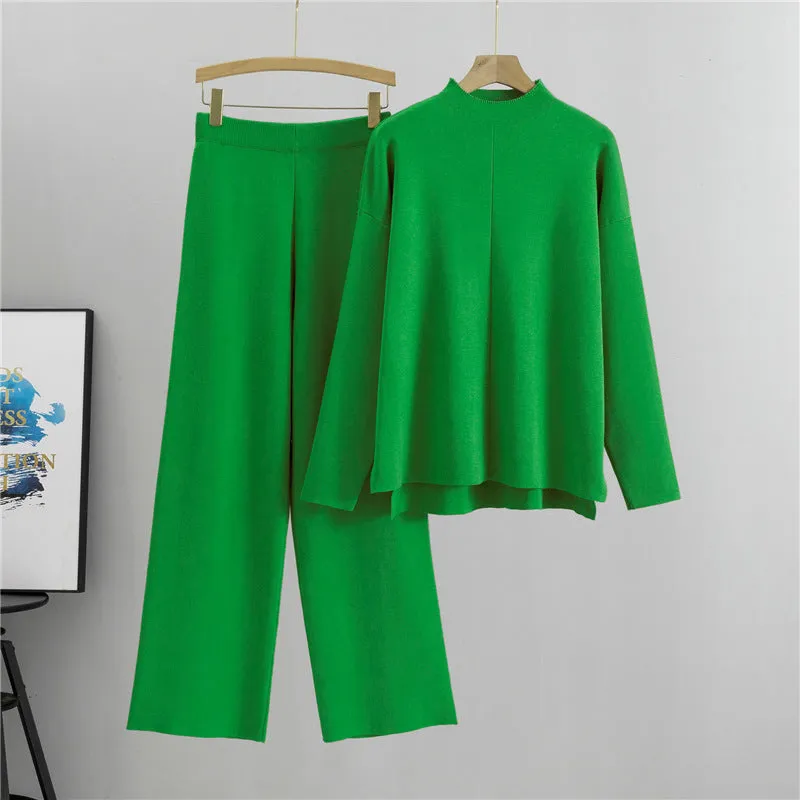 Green - Asymmetrical Knit Top Two Piece Set sold by Viva Estel
