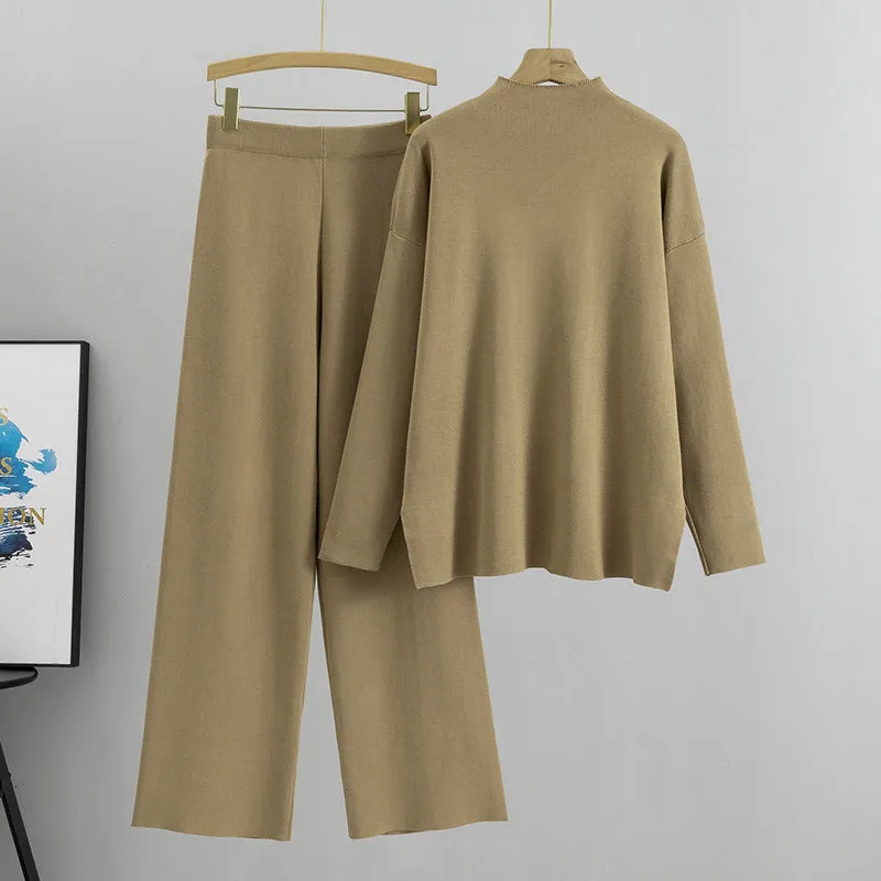 Khaki - Asymmetrical Knit Top Two Piece Set sold by Viva Estel