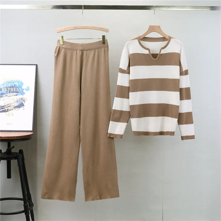 Khaki - Striped Knit Top & Pants Set sold by Viva Estel