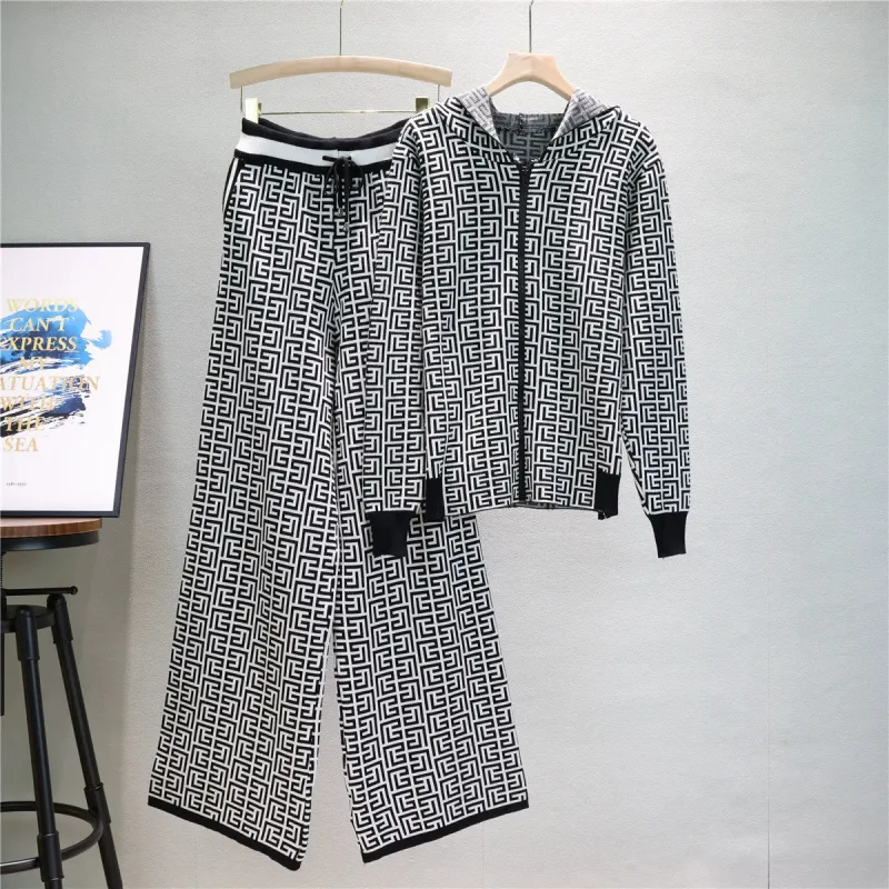 Black - Wide Hooded Jacket & Wide Leg Pants Set sold by Viva Estel