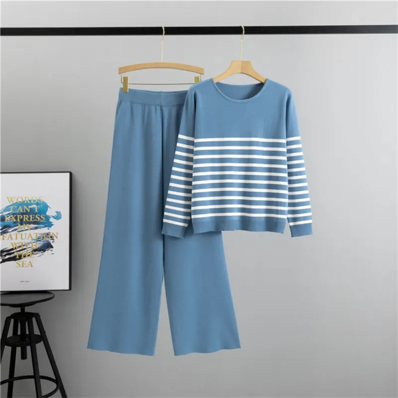 Peacock Blue - Trendy Striped Knitted Two Piece Set sold by Viva Estel