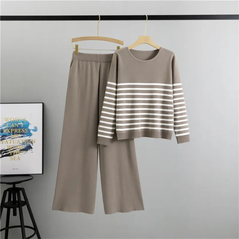 Camel - Trendy Striped Knitted Two Piece Set sold by Viva Estel