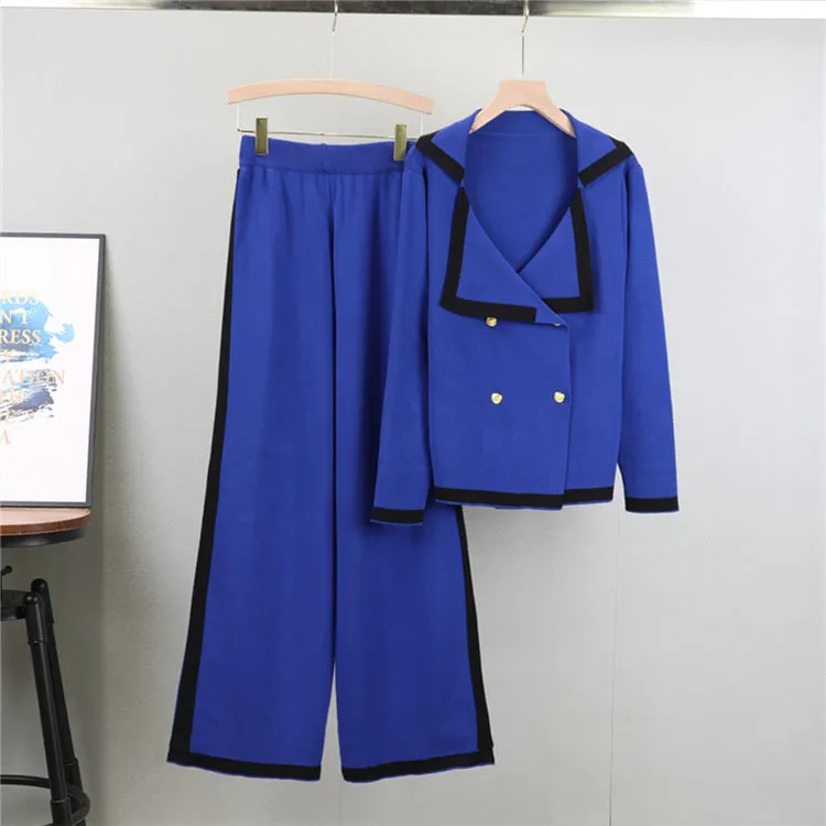 Blue - Knitted Lapel Cardigan Two Piece Set sold by Viva Estel