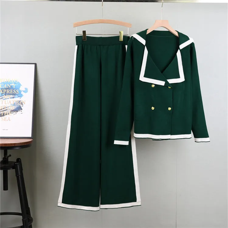 Green - Knitted Lapel Cardigan Two Piece Set sold by Viva Estel