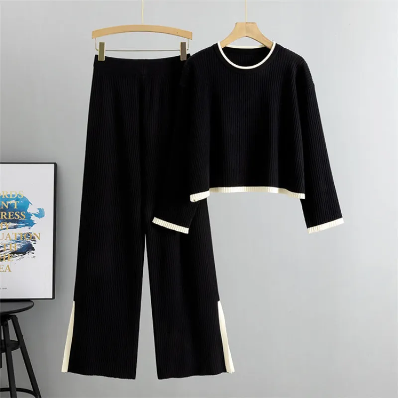 Black - Knitted Sweater Wide-Leg Pants Two Piece Set sold by Viva Estel
