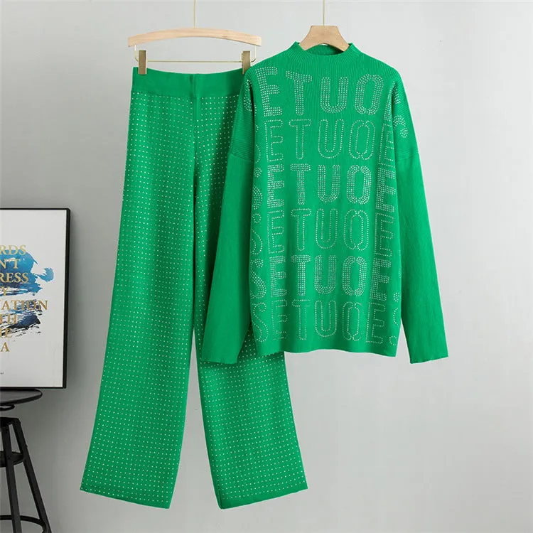 Green - Rhinestone Letter Casual Two Piece Set sold by Viva Estel