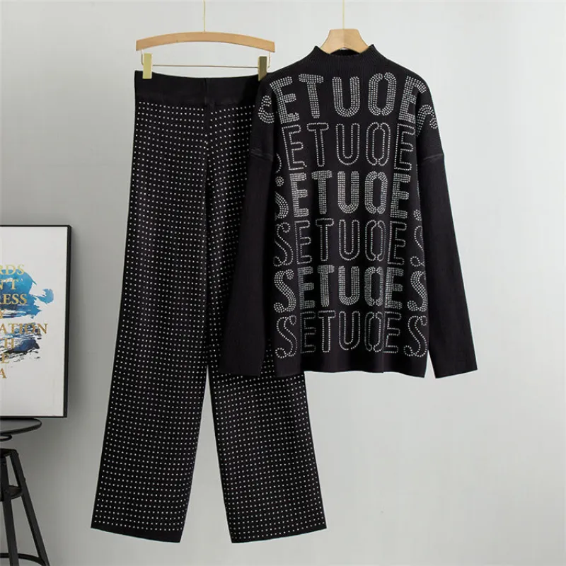 Black - Rhinestone Letter Casual Two Piece Set sold by Viva Estel