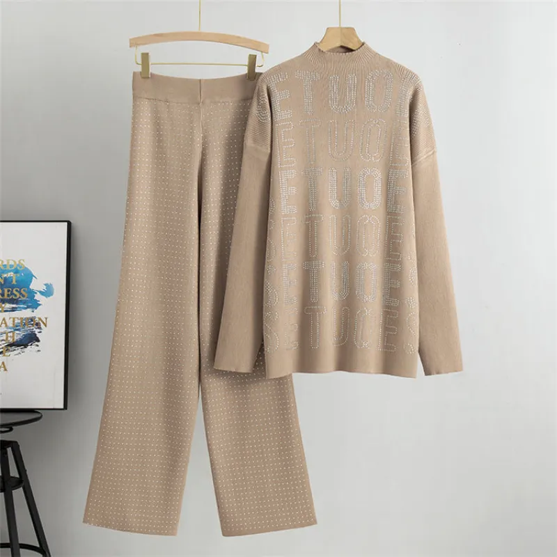 Khaki - Rhinestone Letter Casual Two Piece Set sold by Viva Estel