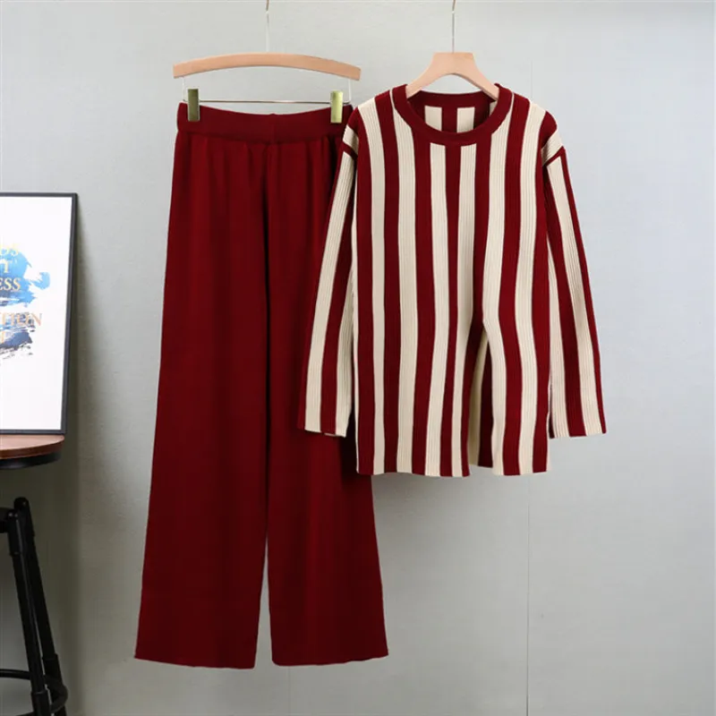 Red - Fashion Striped Split Hem Two Piece Set sold by Viva Estel