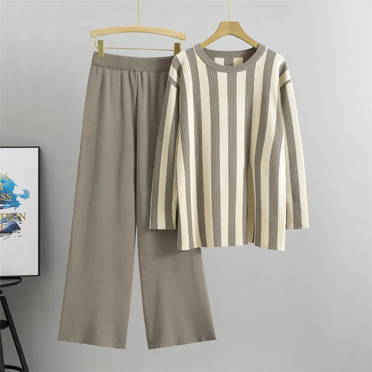 Camel - Fashion Striped Split Hem Two Piece Set sold by Viva Estel