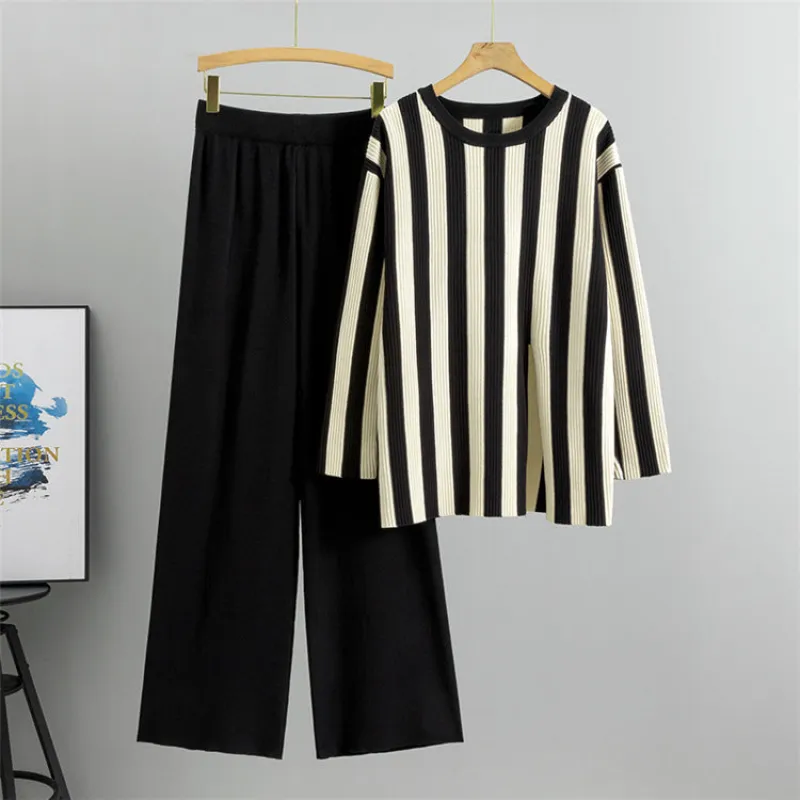 Black - Fashion Striped Split Hem Two Piece Set sold by Viva Estel