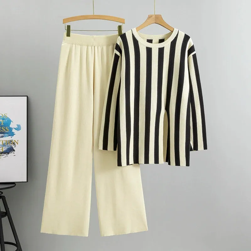 Apricot - Fashion Striped Split Hem Two Piece Set sold by Viva Estel