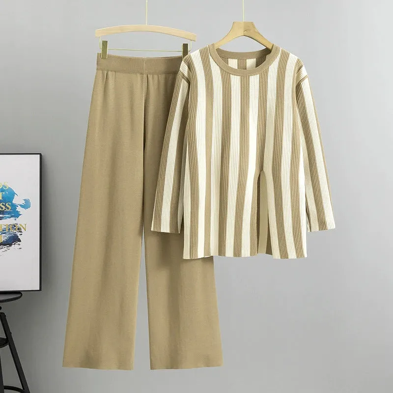 Khaki - Fashion Striped Split Hem Two Piece Set sold by Viva Estel