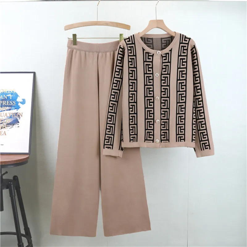 Khaki - Loose-Fit Crew Neck Cardigan Two Piece Set sold by Viva Estel