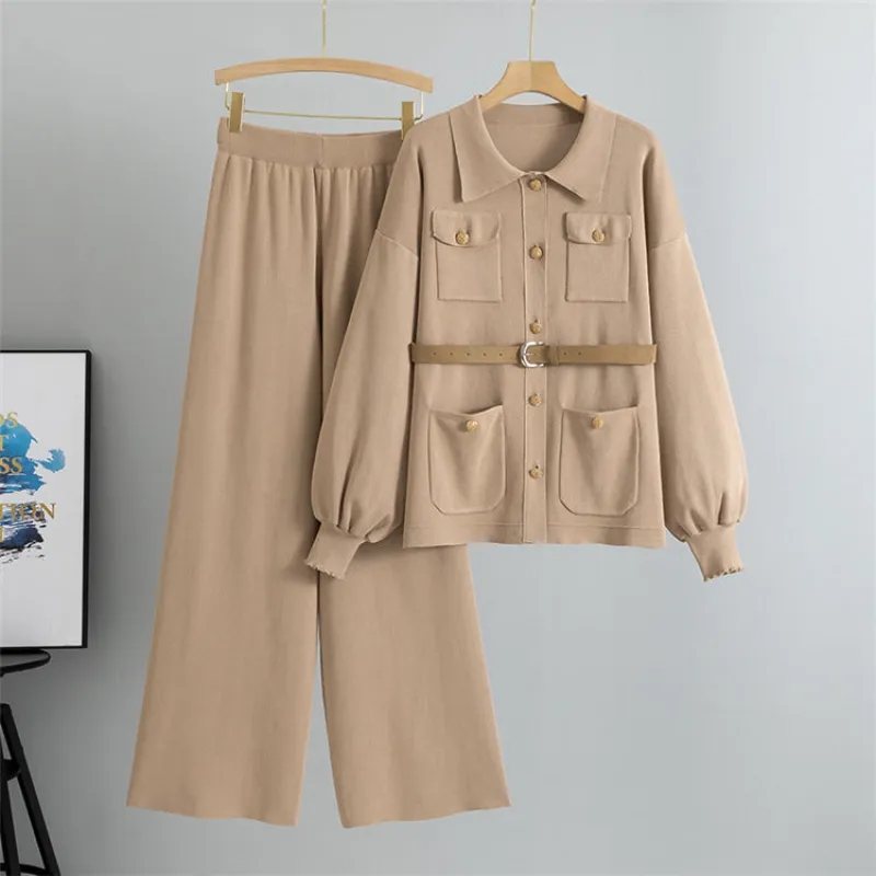 Khaki - Fashionable & Comfortable Lapel Two Piece Set sold by Viva Estel